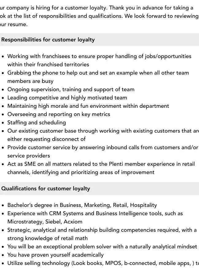 Descripción del puesto de fidelización de clientes |